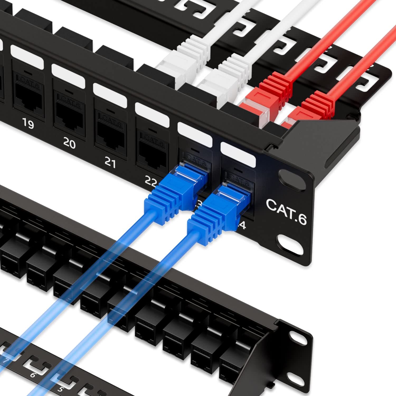 24 Port RJ45 Through Coupler 1U Cat6 Patch Panel UTP 19-Inch with Back Bar, Wallmount or Rackmount, Compatible with Cat5, Cat5e, Cat6 Cabling
