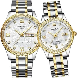 NIBOSI Watches for Couples Diamond Luxury Men and Women His and Hers Pair Watch Set Husband Wife Valentines Matching Wrist Watch Wedding Gifts Day Date Waterproof Quartz Analog