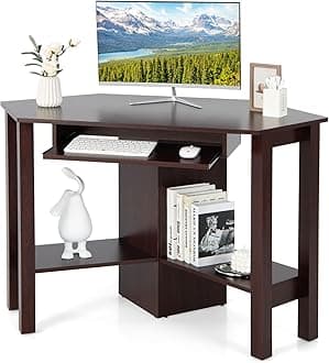 TangkulaCorner Desk, Corner Computer Desk, Wood Compact Home Office Desk, Laptop PC Table Writing Study Table, Workstation with Storage Drawer & Shelves