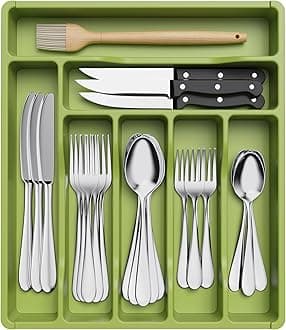 Lifewit Silverware Drawer Organizer Tray, Plastic Cutlery Storage for Kitchen Drawer, Flatware and Utensil Holder Divider for Spoons Forks Knives Tableware, 7 Compartment, Green