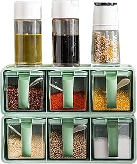 3pcs Storage Spices Jar Plastic 3 in 1 Spice Jar with Rack Box Serving Set with Cover and Spoon, seasoning Storage Spice Rack Set with Removable Jars for Salt Sugar Spices (randomly color)