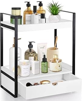 2-Tier Wooden Counter Shelf with Drawer, Vanity Tray for Organization and Decor, Countertop Organizer for Bathroom and Kitchen