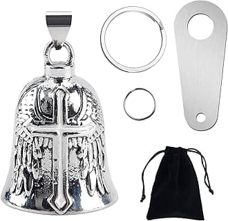 vvag Motorcycle Bell Guardian Angel, Good Luck Biker Bell with Bells Hanger 2 Key Chain Rings and Organizer Bag