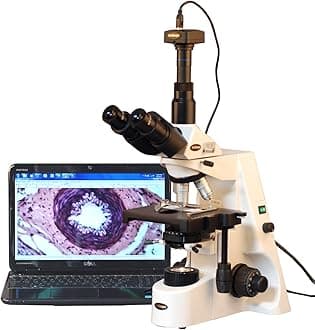 AmScope T690C-PL-10M Digital Trinocular Compound Microscope, 40X-2500X Magnification, WH10x and WH25x Super-Widefield Eyepieces, Infinity Plan Achromatic Objectives, Brightfield, Kohler Condenser, Double-Layer Mechanical Stage, Includes 10MP Camera with Reduction Lens and Software