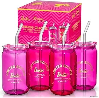 Barbie Tumblers - 16 oz Glass Cups with Lids and Straws in Pink and Magenta, Pack of 4 for Iced Coffee