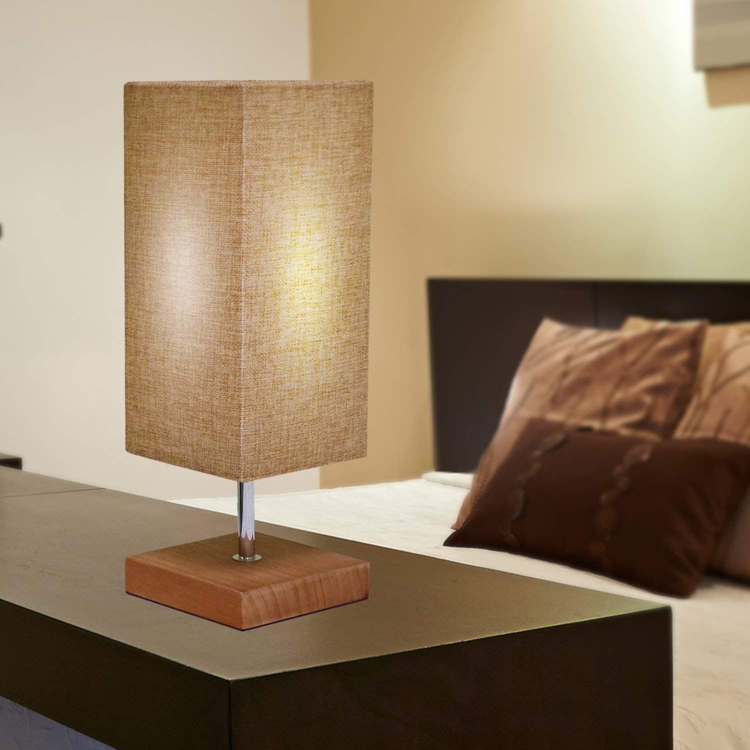 Modern Simple Square Minimalist Design Bedside Nightstand Table Lamp - Stained Solid Wood Base Beautiful Linen Woven Fabric Shade