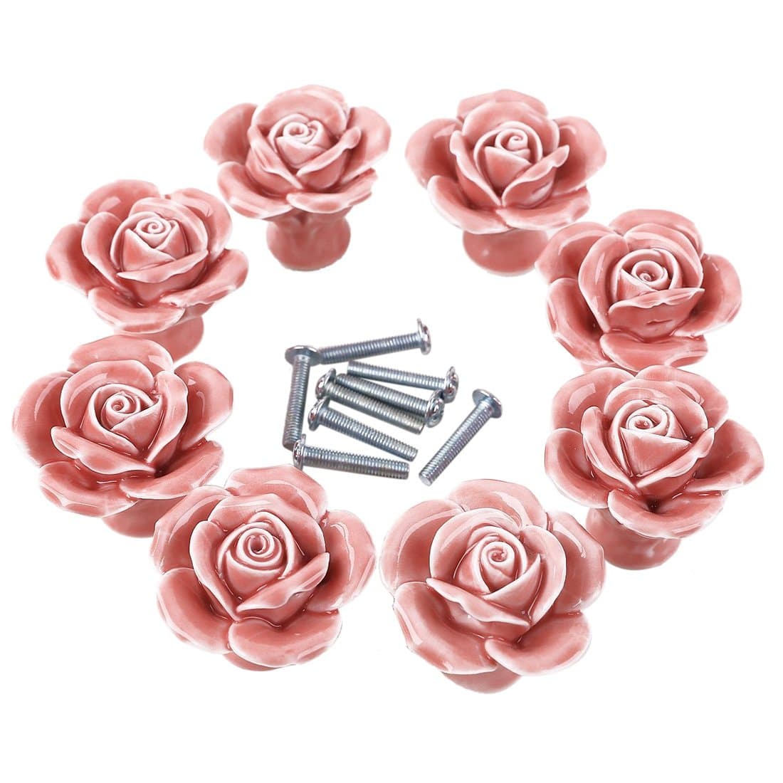 Rose Ceramic Handles, Teckpeak 8Pcs Rose Knobs Door Knob Set Ceramic for Cupboard/Cabinet/Kitchen/Bathroom/Kid's Room Decor