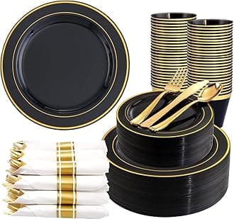 350 Pieces Black and Gold Plastic Plates with Disposable Silverware, Include 50 Dinner Plates 9", 50 Dessert Plates 6.3", 50 Gold Rim Black Cups 9 OZ, 50 Pre Rolled Napkins Packed in