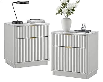 T4TREAM 23'' Fluted Nightstand Set of 2 with Charging Station, Large 2 Drawer Bedside Table, Modern End Table with Storage, Mid Century Night Stand for Bedroom Living Room, Curved Profile, Solid White