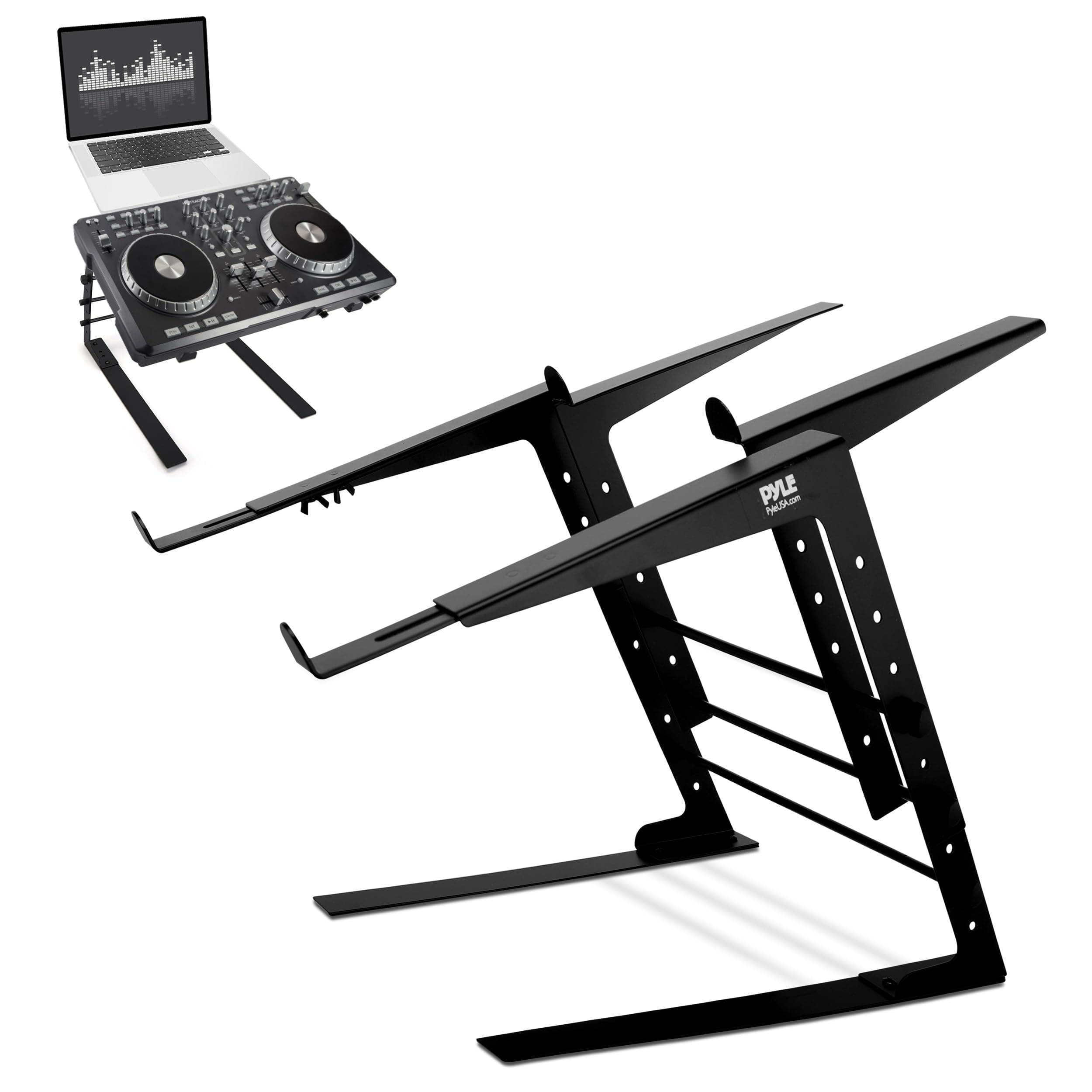 Portable Dual Laptop Stand - Standing Table with Adjustable Height, Ergonomic Design & Anti-Slip Prongs for DJ Mixer, Sound Equipment, Workstation, Gaming Home Use PLPTS38, Black