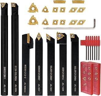 21-Piece Lathe Turning Tool Kit, 1/2 Inch (12mm) Shank 7 Metal Lathe Holders and 14 Indexable Carbide Inserts for Precision Turning, Grooving, Threading, and Boring