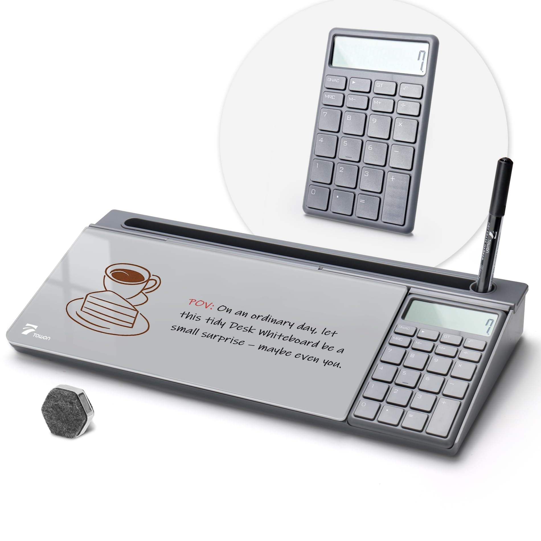 TOWON Desktop Glass Whiteboard with Basic Calculator, 12 Digit LCD Display, Desk Organizers with Accessories for Office, Home, School Supplies, Storage with Dry Erase Board Surface, Gray, 17'' x 6''