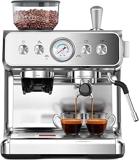 Semi-Automatic Espresso Machine with Grinder, Stainless Steel 20 Bar Espresso Maker with Milk Frother, Steam Wand, Removable Water Tank for Latte, Macchiato, Cappuccino