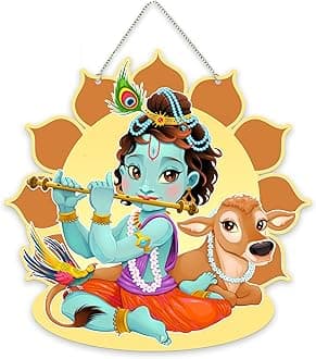 Artvibes Bal Krishna with Cow Wall Hanging Home Decorative Wall Art for Living room | Spiritual Decor Items | Wall Sculpture | Signs & Plaques | Artwork | Painting | Gift Items (WH_8602N)