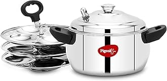 Pigeon Idly Maker Induction and Gastove Compatible 3 Plates, Handi Shaped, Cool handle, Whistle to control steam, Easy to cook