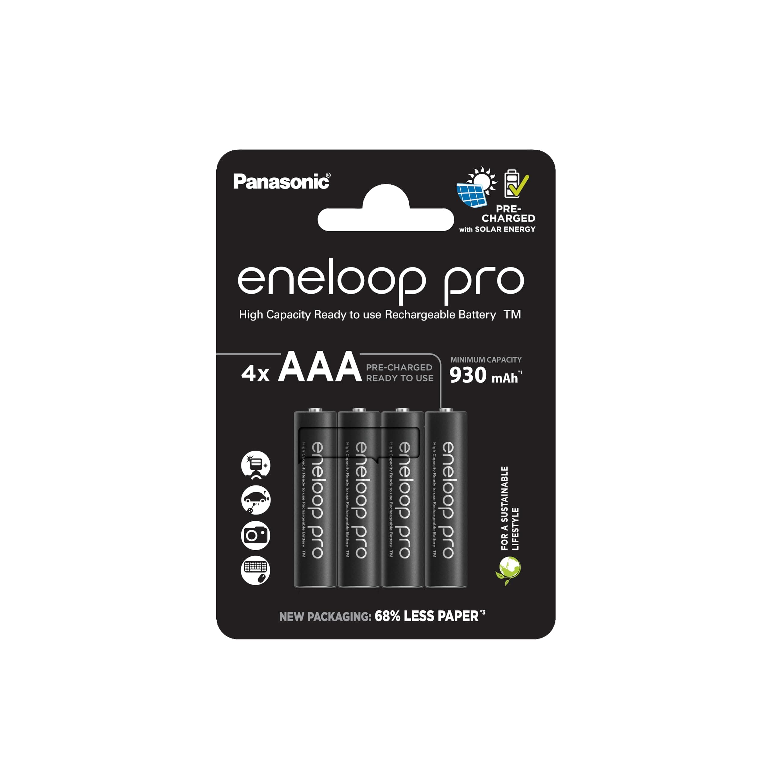 Panasonic pro ready-to use Ni-MH battery, AAA/Micro, 4-pack, min. 930 mAh, 500-charge cycle life, very high power performance & low self-discharge, plastic free packaging