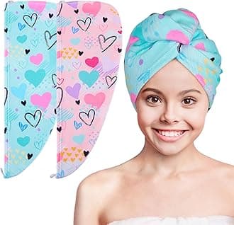 Basumee Microfiber Hair Towel Wrap for Kids 2 Pack Rapid Drying Hair Towel with Button Hair Turbans for Wet Hair Wraps Head Towel Wrap for Women and Girls, Blue
