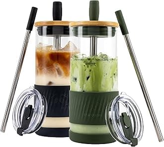 Glass Cups With Lids and Straws -20 Fl Oz- Perfect Size Iced Coffee Cup - Smoothie Cup With Bamboo Lid and On the go Lid - (2 Count (Pack of 1), Black Saphir-Mediterranean Olive)