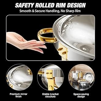 WARMOUNTS Gold Chafing Dishes for Buffet (5QT, 6 Pack), Round Chafer and Warmer Set with Lid Holder, Rolled Rim Process (No Finger Cuts), Mirror-Polished Stainless Steel, for Catering, Party, Wedding