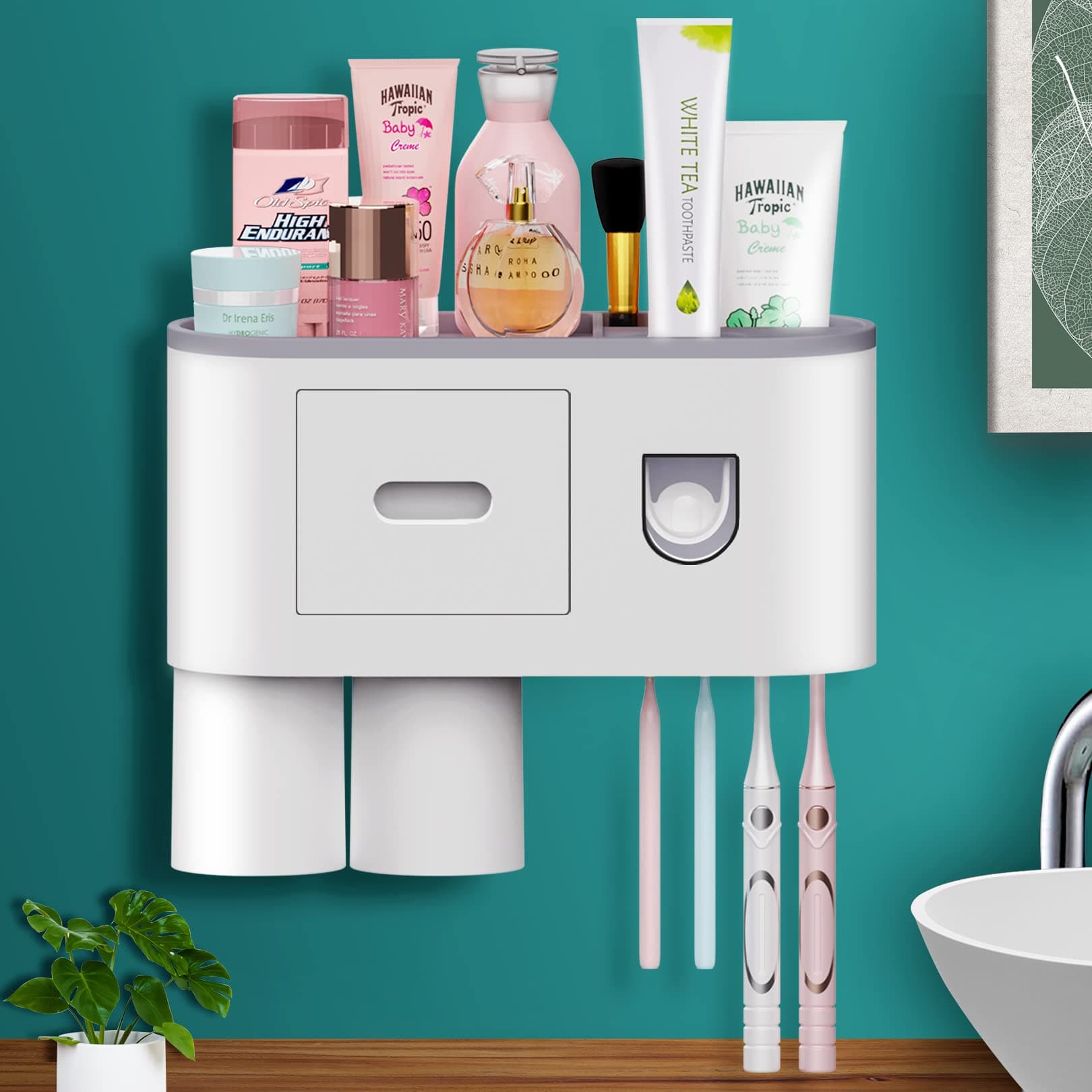 Automatic Toothpaste Dispenser Squeezer Kit Wall Mounted with Toothbrush Holder