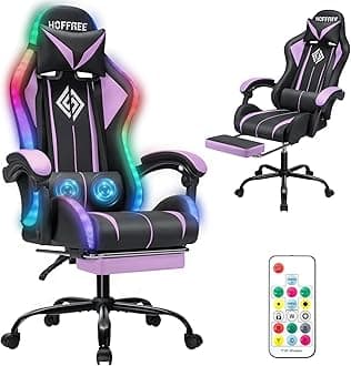 HOFFREE Gaming Chair with LED RGB Lights and Massage Ergonomic Computer Chair with Footrest High Back Video Game Chair with Adjustable Lumbar Support Linkage Armrest Purple and Black
