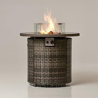 Grey Coreglass Rattan Gas Fire Pit - 13KW Round Tempered Glass Surface Propane Standing Fire Pit - w/Wind Guard, Lava Rock & Waterproof Cover - Space Heater for Garden, Deck, Outdoor Bars