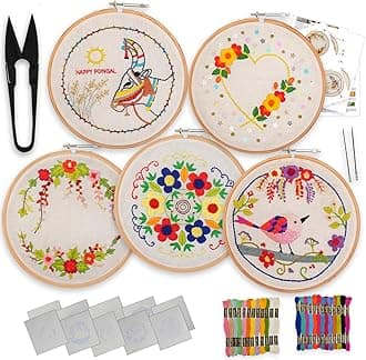 Embroiderymaterial Pack of 5 DIY Embroidery Kit for Beginners, Cross Stitch Kit with 5 Different Designs Pre-Printed on Fabric, Floral, Heart, Bird & Festive Designs with Instruction Sheet