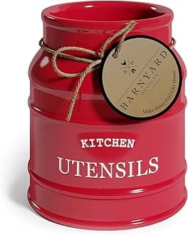 Ceramic Farmhouse Utensil Holder for Kitchen Counter, Large Rustic Utensil Crock, Countertop Cooking Tool Spatula Organizer, 6.75” (Red)