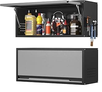 Coolsun Metal Wall Cabinet, Garage Wall Cabinet with Up-Flip Door, 31.5" W Wall Mounted Metal Storage Cabinet for Kitchen,Garage,Basement,Ware House Assembly Required (Black Gray)
