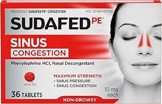 Sudafed PE Sinus Congestion Relief Tablets, Maximum Strength, Non-Drowsy 10 mg Phenylephrine HCI Decongestant for Sinus Pressure & Nasal Congestion Relief, Due to Cold or Allergies, 36 ct