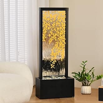 46" H Fountains Outdoor Indoor Tall Waterfall Fountain with LED Lights Large Modern Mirror Fountain for Garden,Patio,Backyard,Home,Black Silver Golden