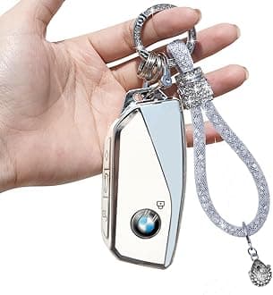 Yumzeco Car Key Case Compatible with BMW with Bling Diamonds Keychain,4 Buttons Key Fob Case for 2 3 5 7 series X1 X4 X5 X6 X7 i4 i7 iX XM 2023-2025,TPU Silicone BMW Keyless KeyProtector-White