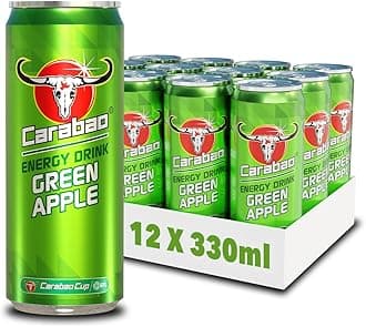 Carabao Energy Drink Green Apple, 12 x 330ml Cans Case, Low Calorie, Lower Sugar, Fizzy Fruit Flavour, Vegan, Gluten Free Drink. B Vitamins, Taurine, Caffeine with Zero Crash, Bulk Crates, Multipack