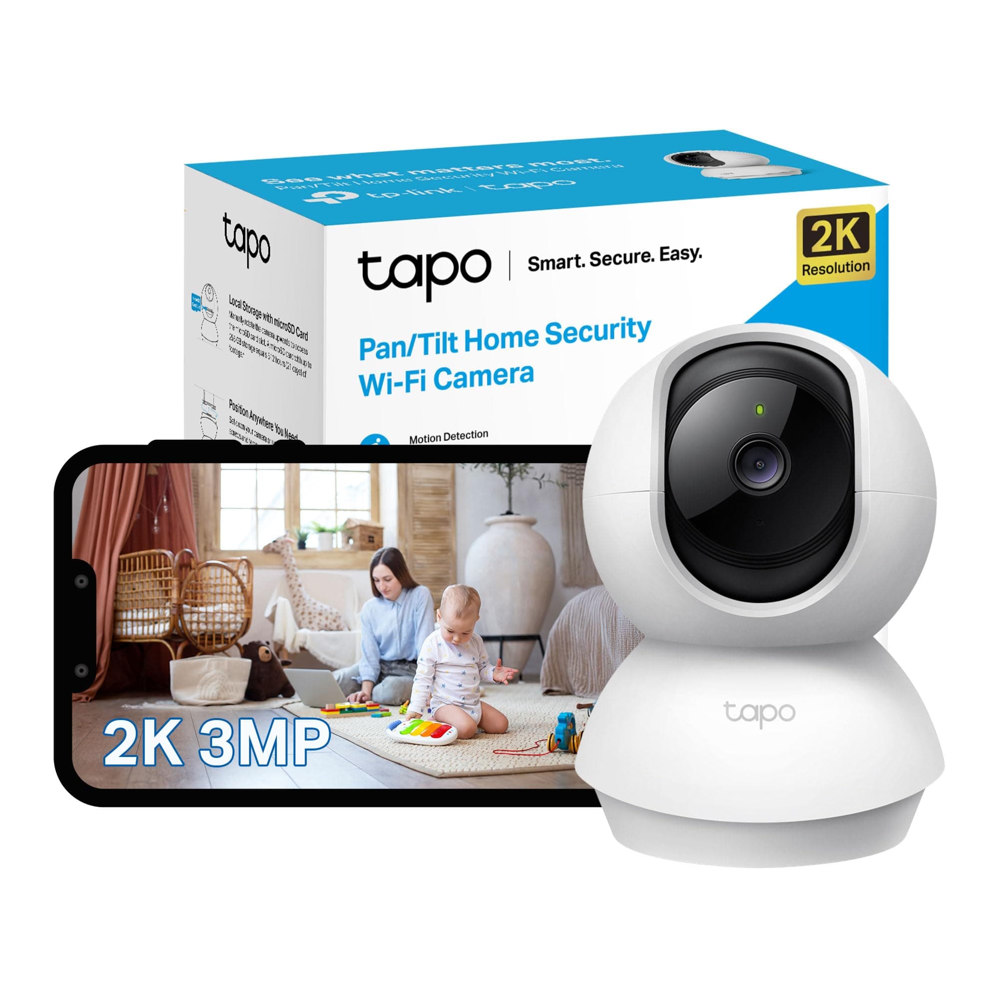 TP-Link Pan/Tilt Smart Security Camera, Indoor CCTV, 360° Rotational Views, Works with Alexa&Google Home, No Hub Required, 3MP(2304 × 1296) High Definition, Night Vision, SD Storage(C210)