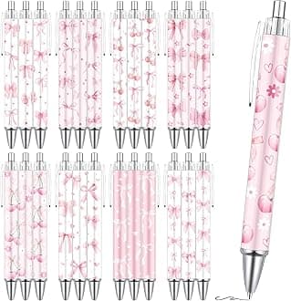Coquete Bows Ballpoint Pens - 24PCS Pink Ribbon Bows Pens Set Cute Cherries Smooth Writing Pens Retractable Pink Conquette Bow Pen for Office Stationery School Supplies for Women Teacher Gifts