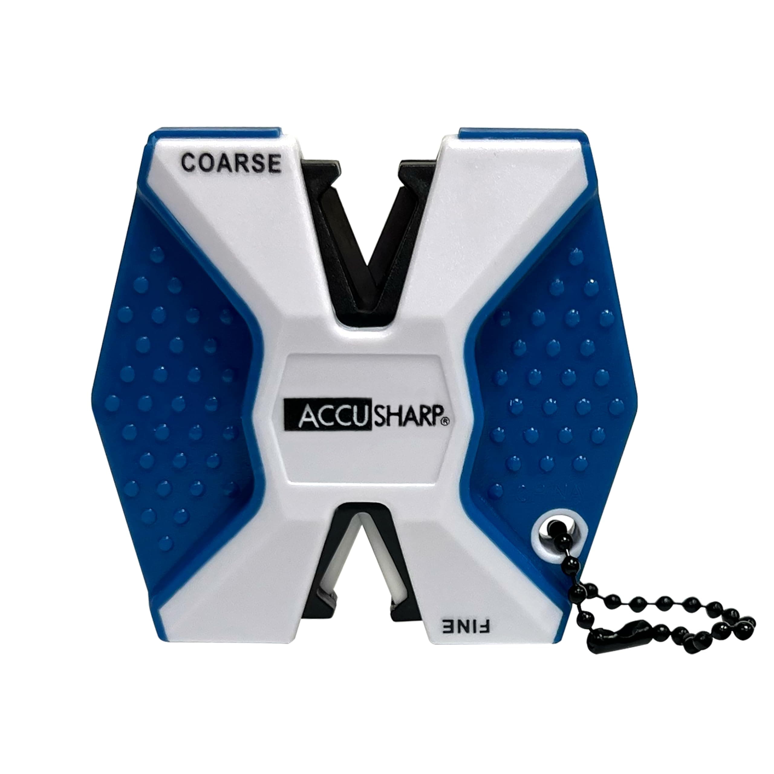 AccuSharp Pull Through Knife Sharpener Keychain, 2-Stage Sharpener for Straight or Serrated Kitchen Knives, Handheld Tool for Fishing & Hunting, White/Blue