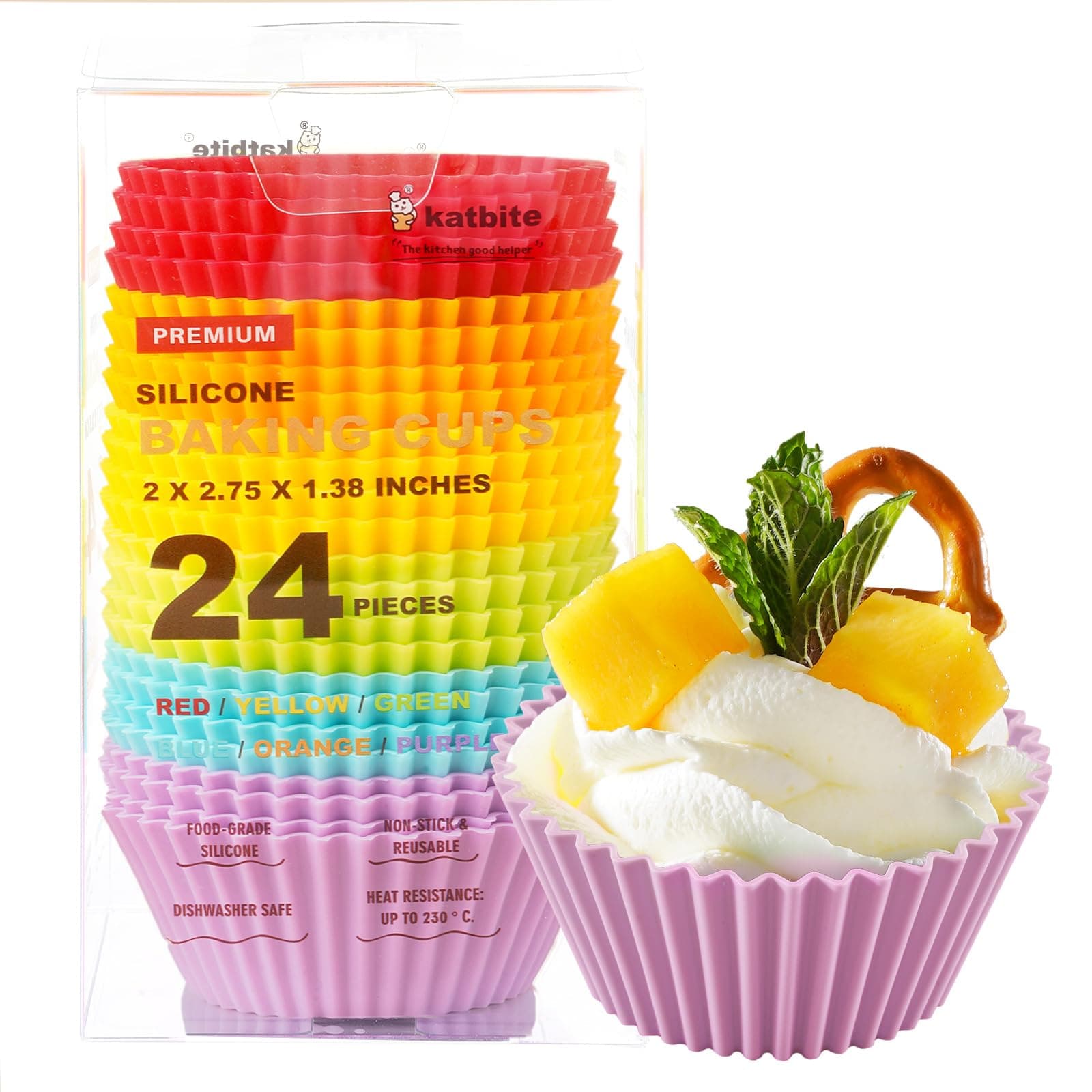 Katbite Silicone Cupcake Liners 24 Pack - Non-stick Silicone Muffin Liners Set, Thick & Heavy Duty Cupcake Molds - Perfect for Party Halloween Christmas Bakery Supplies, Multicolor