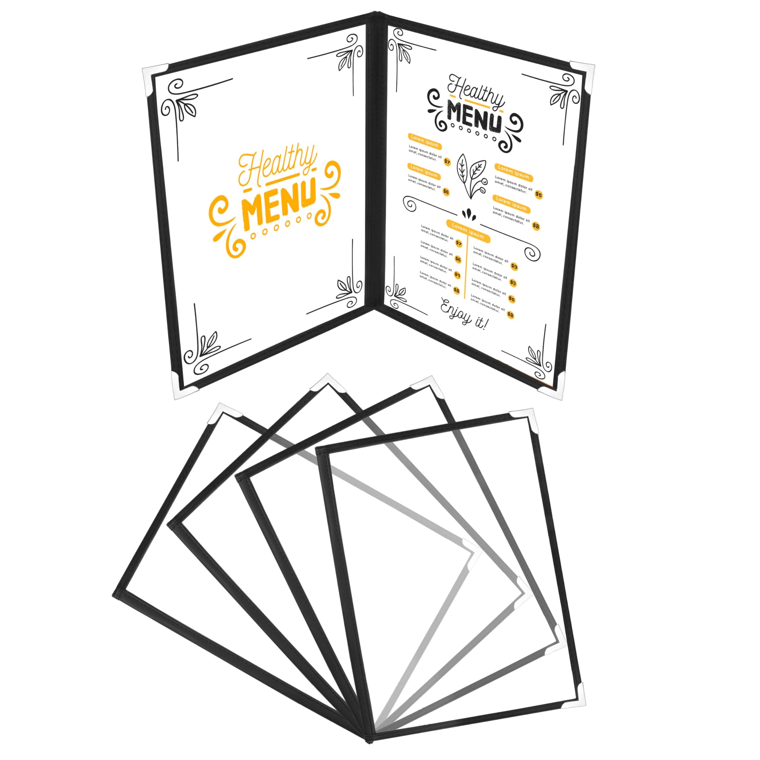 Double Fold A4 Menu Covers (5 Pack) - 2 Fold Double View American Style Menu Holders - Black Foldable Clear Menu Covers with Corner Protectors - For Restaurants, Bars, Cafes, Food & Drink