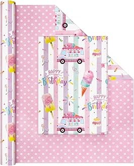 WERNNSAI Ice Cream Reversible Wrapping Paper - 1 Roll 17” x 33 ft Happy Birthday Wrapping Paper Roll Kids Pink Summer Birthday Gift Wrap Roll Girls Wrapping Paper Polka Dot Design Bday Party Favor