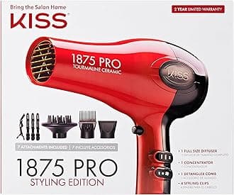 KISS 1875 Watt Pro Tourmaline Ceramic Hair Dryer, Styling Edition, 3 Heat Settings, 2 Speed Settings, Cool Shot Button, 7 Blow Dryer Accessories Included, 2-Year Warranty - Red