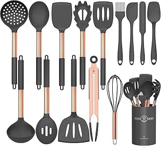 Umite Chef Silicone Cooking Utensil Set, 15pcs Non-Stick Silicone Rose Gold Handle Cooking Tools - Grey