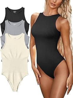 FUNNYBSG Women's Sexy Ribbed Bodysuit Tops - 3 Piece Sleeveless Halter Neck Bodysuits with Tummy Control (Color : Black Grey Beige, Size : M)