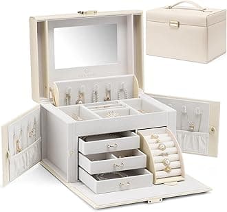 Vlando Jewelry Box Organizer for Girls Women, Large Jewelry Holder Organizer with Mirror, 3 Drawers for Bracelets, Earrings, Rings, Necklaces, Mothers Day Gifts for Loved One, Apricot White