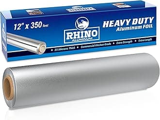 Rhino Aluminum Heavy Duty Aluminum Foil - 12 x 350 sf Long Roll, 25 Microns Thick Foil Heavy Duty Commercial Grade & Extra Thick, Strong Enough for Food Service Industry (Pack of 1)