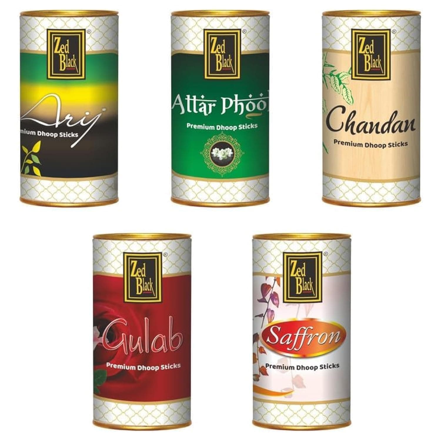 Zed Black Natural Deep-Chandan, Deep-Gulab, Arij, Attar Phool and Saffron Incense Dhoop Sticks Tin - Combo of 5(45 Pieces Each)