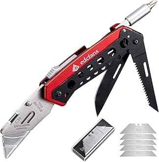 Folding Utility Knife Box Cutter with 5 Razor Blades, Pocket Utility Knives, Screwdriver, Saw, Lock Design, Clip and Holder for Belt, EDC Heavy Duty Work Knifes, Fathers Day Dad Gifts for Papa