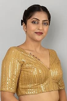 Women's Sequin Embroidered V Neck Elbow Half Sleeve Readymade Saree Blouse Indian Ethnic Designer Stitched Plus Size Top Padded Lavender Pink Blue Silver Black Gold Red Green | E1