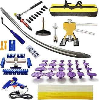 1set Car Dent Removal Kit, Auto Fender Damage Repair Big Curved Rod Crowbar Puller Lifter Rods Tools with Glue Tabs, Glue Sticks, Leveling Tools and More for Car Body Dent Repair