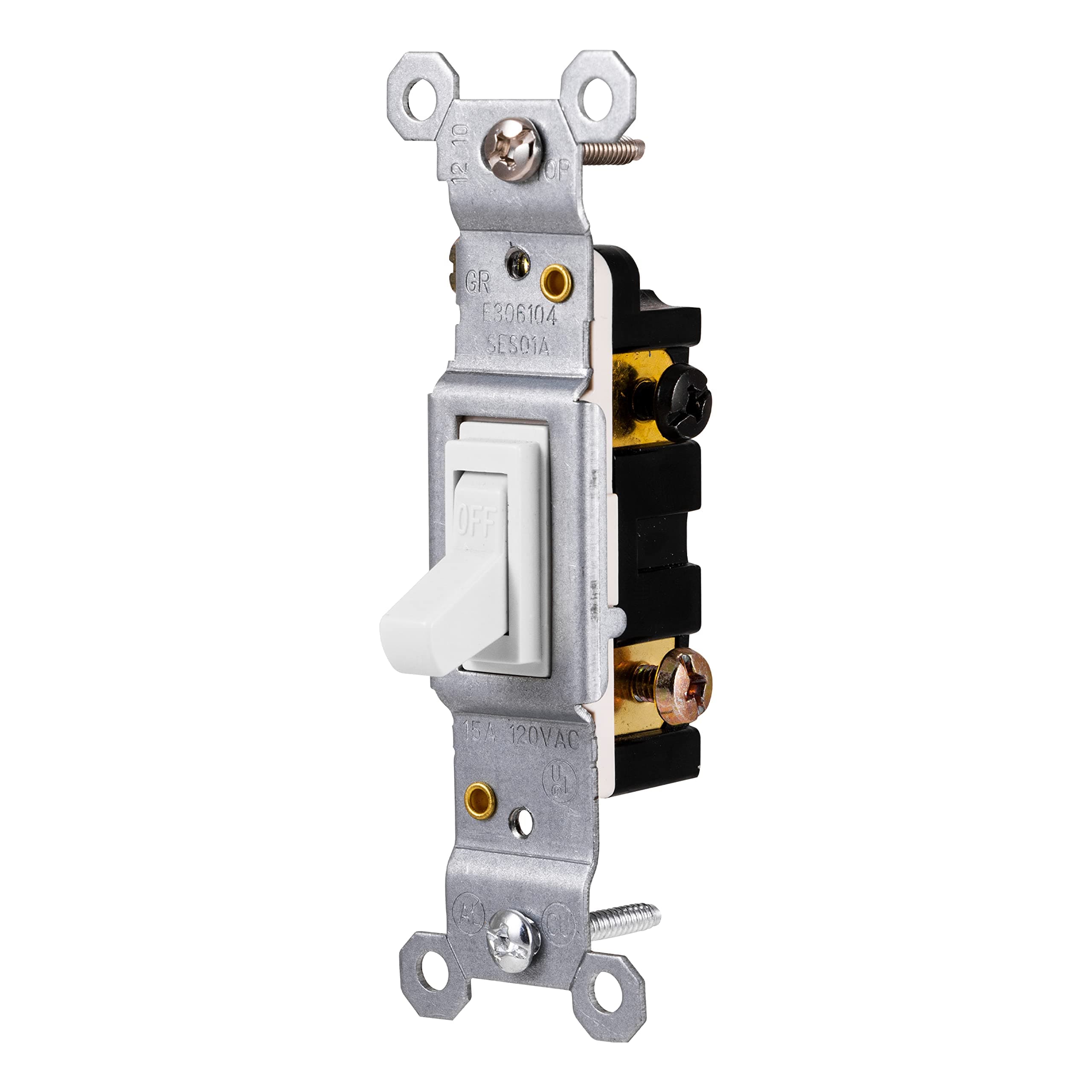 Grounding Toggle Switch, Single Pole, in Wall On/Off Fan & Light Switch Replacement, 15 Amp, Great for Home, Office & Kitchen, UL Listed, White, 54161