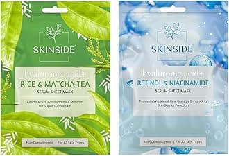 SkinSide Serum Sheet Mask for Glowing Skin with Hyaluronic Acid | Face Mask Sheets Combo for | Hydrating | Tan & Blackheads Removal | Instant Brightening | Pore Reduction | Fairness | Skin Tightening (2, Rice & Matcha Tea | Retinol & Niacinamide)